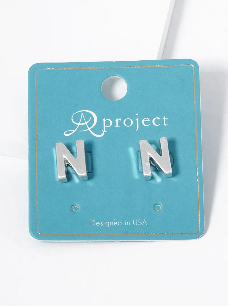 12mm Brushed Metal Initial Letter Button Stud Post Earrings