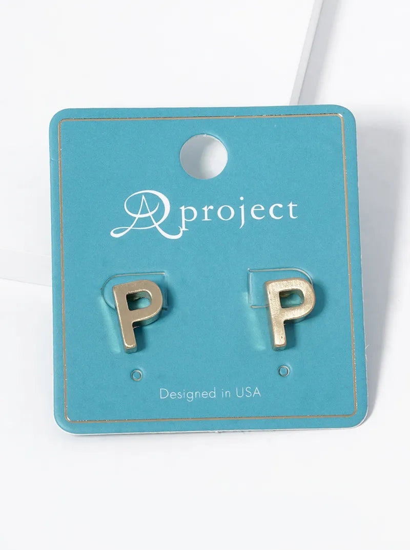 12mm Brushed Metal Initial Letter Button Stud Post Earrings