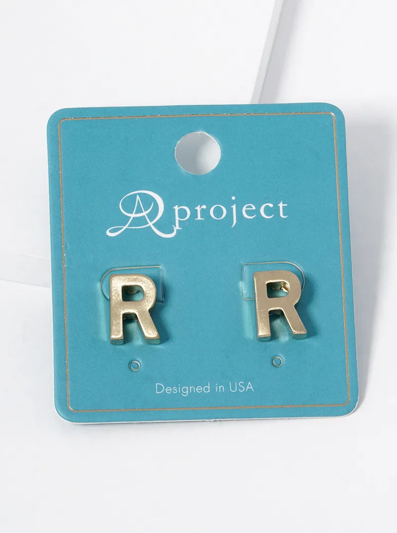 12mm Brushed Metal Initial Letter Button Stud Post Earrings