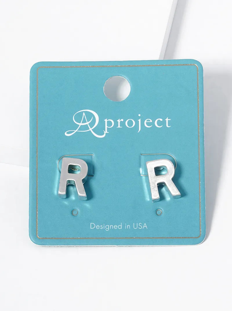 12mm Brushed Metal Initial Letter Button Stud Post Earrings