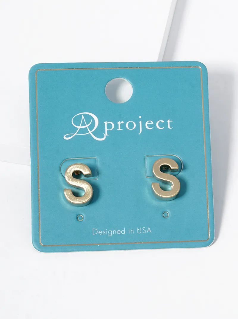 12mm Brushed Metal Initial Letter Button Stud Post Earrings