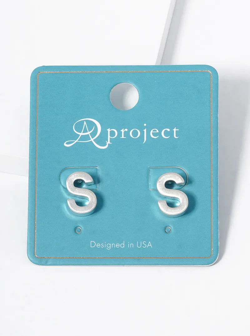 12mm Brushed Metal Initial Letter Button Stud Post Earrings