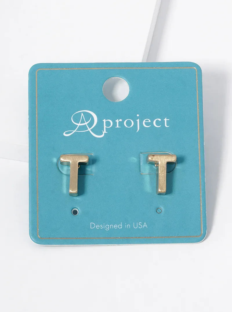 12mm Brushed Metal Initial Letter Button Stud Post Earrings