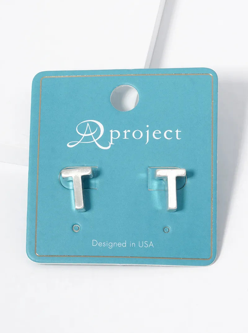 12mm Brushed Metal Initial Letter Button Stud Post Earrings