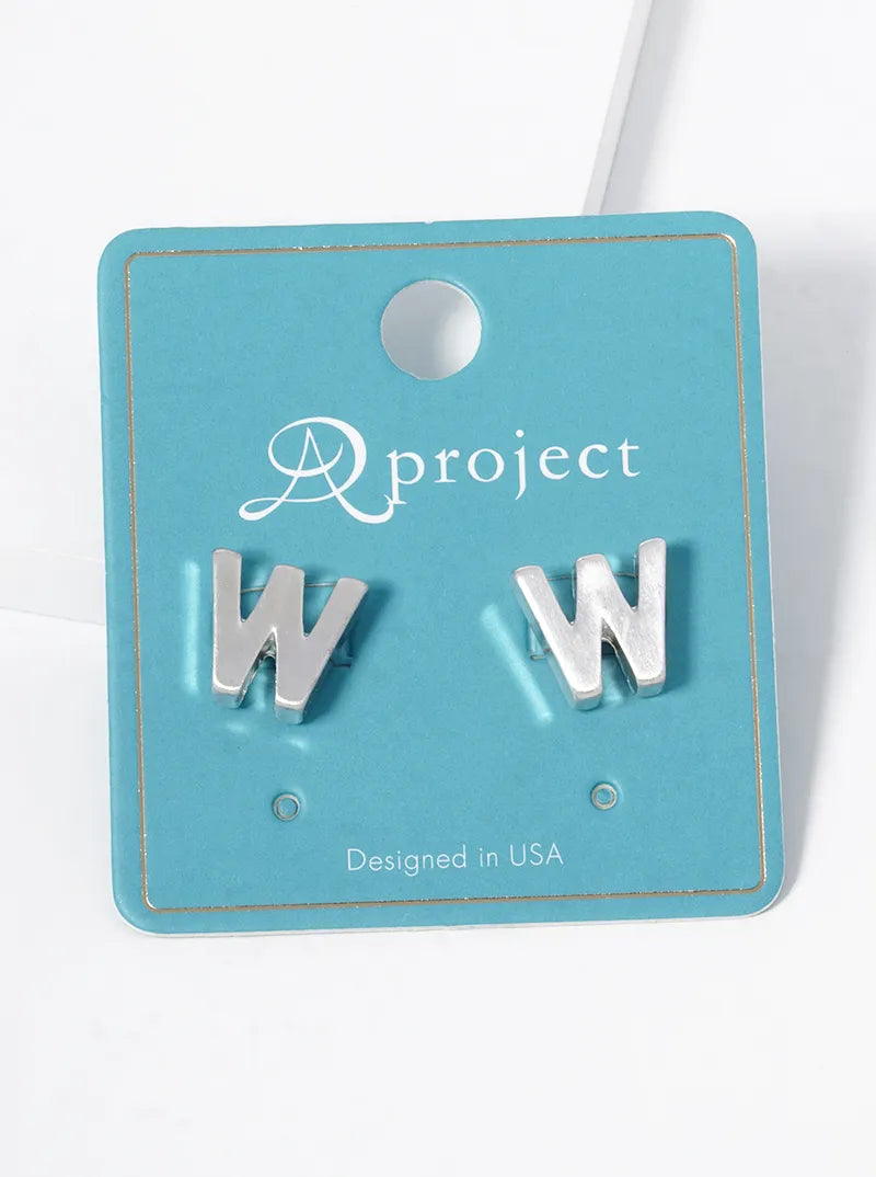 12mm Brushed Metal Initial Letter Button Stud Post Earrings