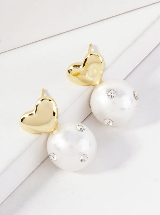 12mm Crystal Embellished Pearl-Bead Polished Brass Heart 14K-Gold-Dipped Earrings