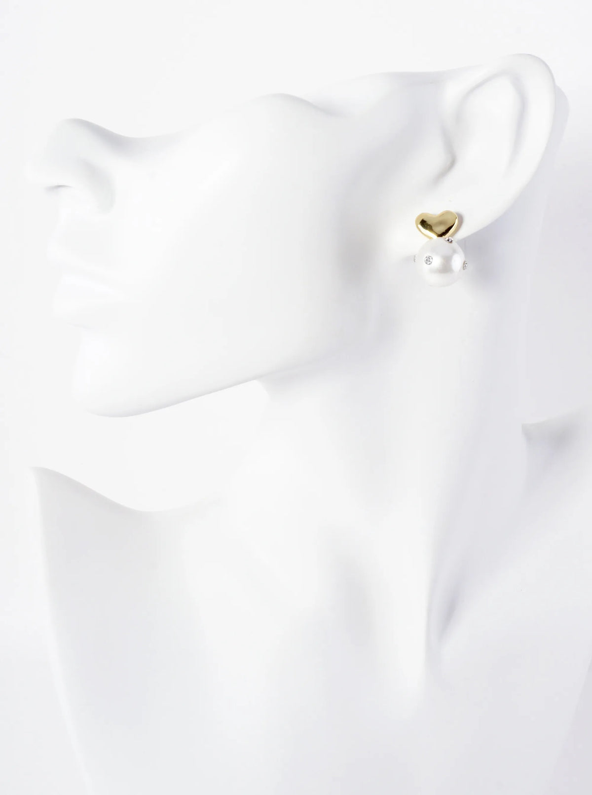 12mm Crystal Embellished Pearl-Bead Polished Brass Heart 14K-Gold-Dipped Earrings