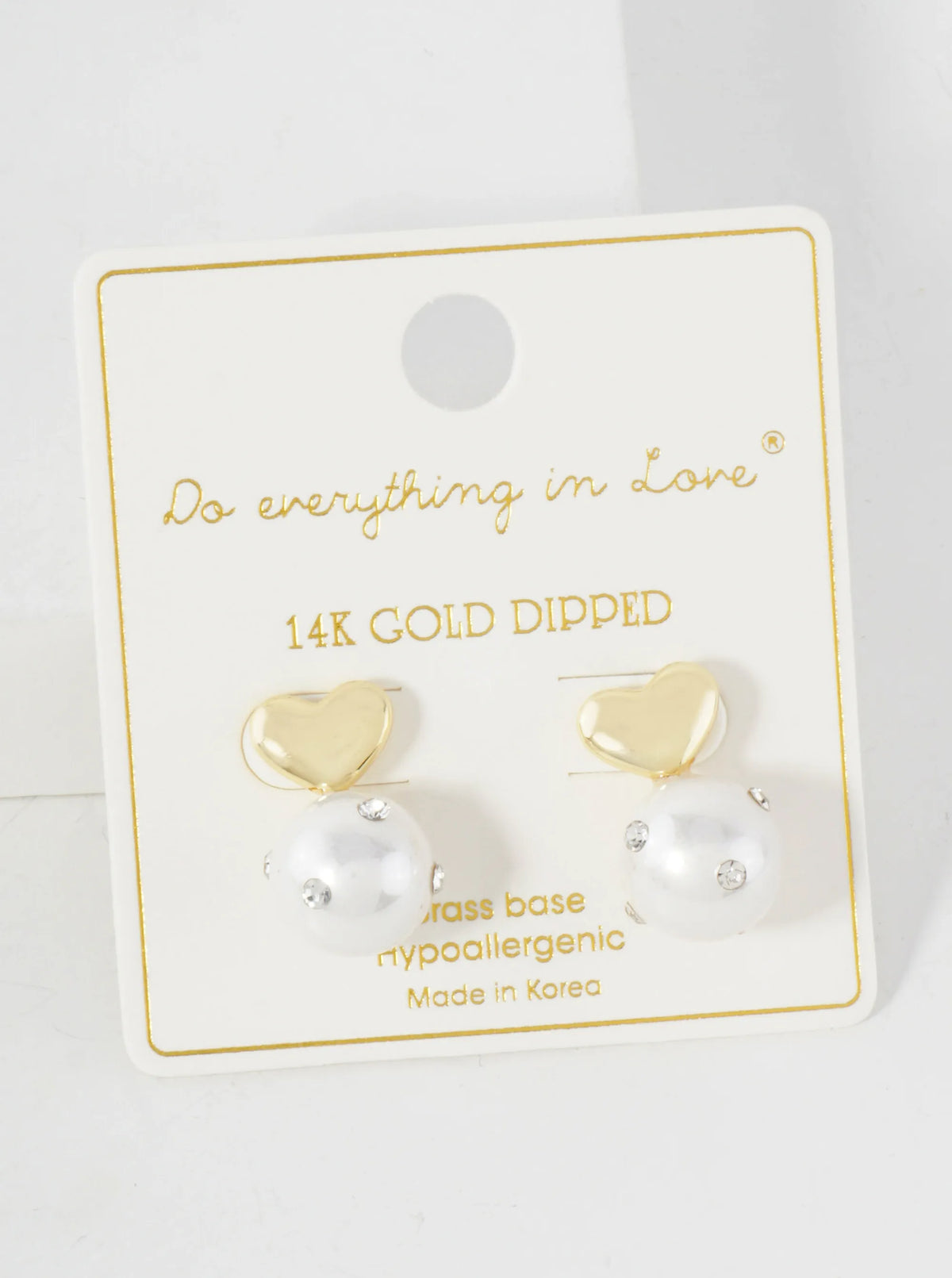 12mm Crystal Embellished Pearl-Bead Polished Brass Heart 14K-Gold-Dipped Earrings