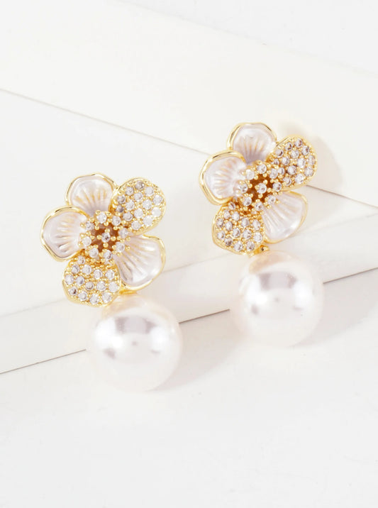 12mm Pearl Drop Pave-Set CZ Flower 14K-Gold-Dipped Post Earrings