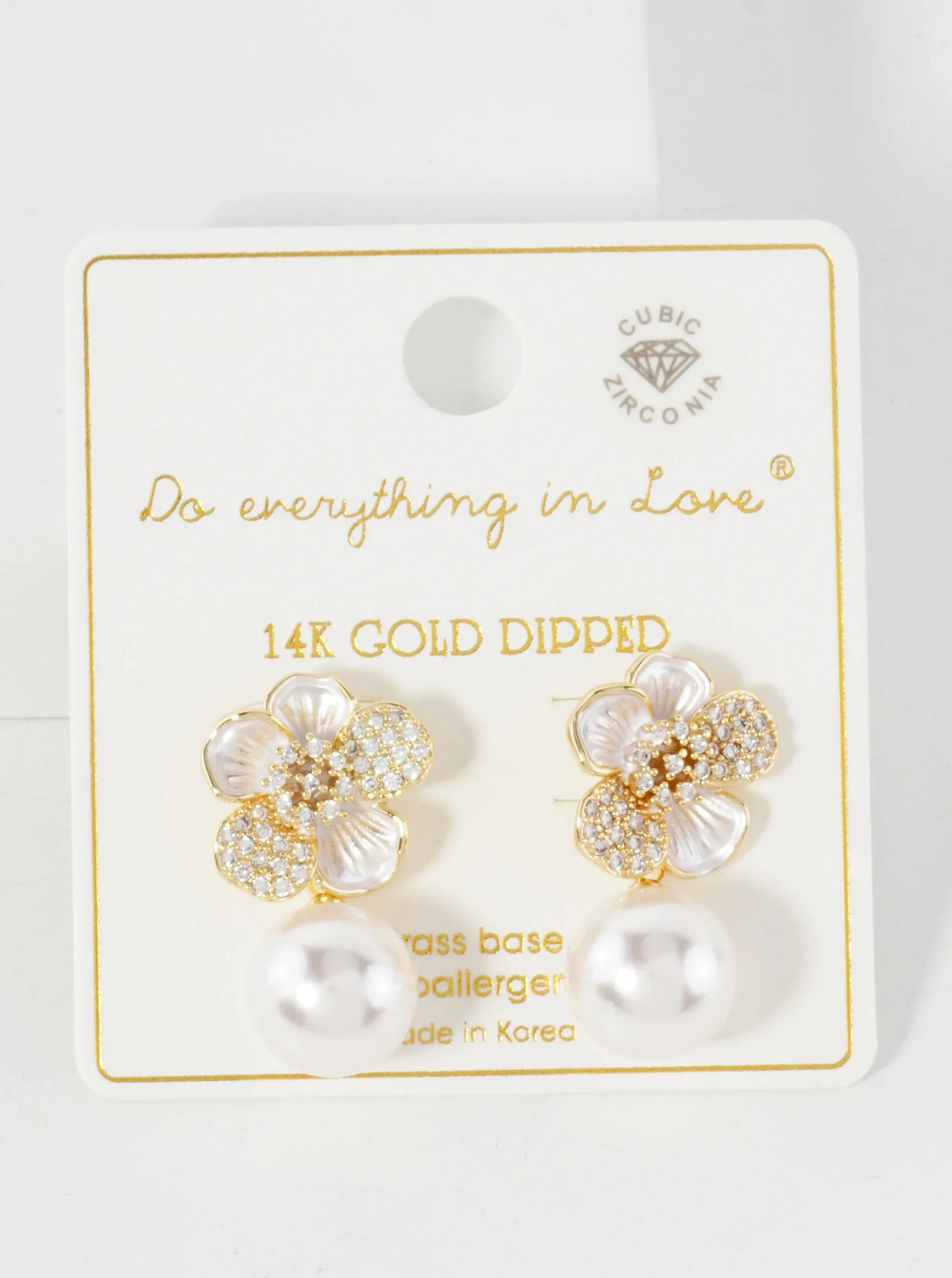 12mm Pearl Drop Pave-Set CZ Flower 14K-Gold-Dipped Post Earrings