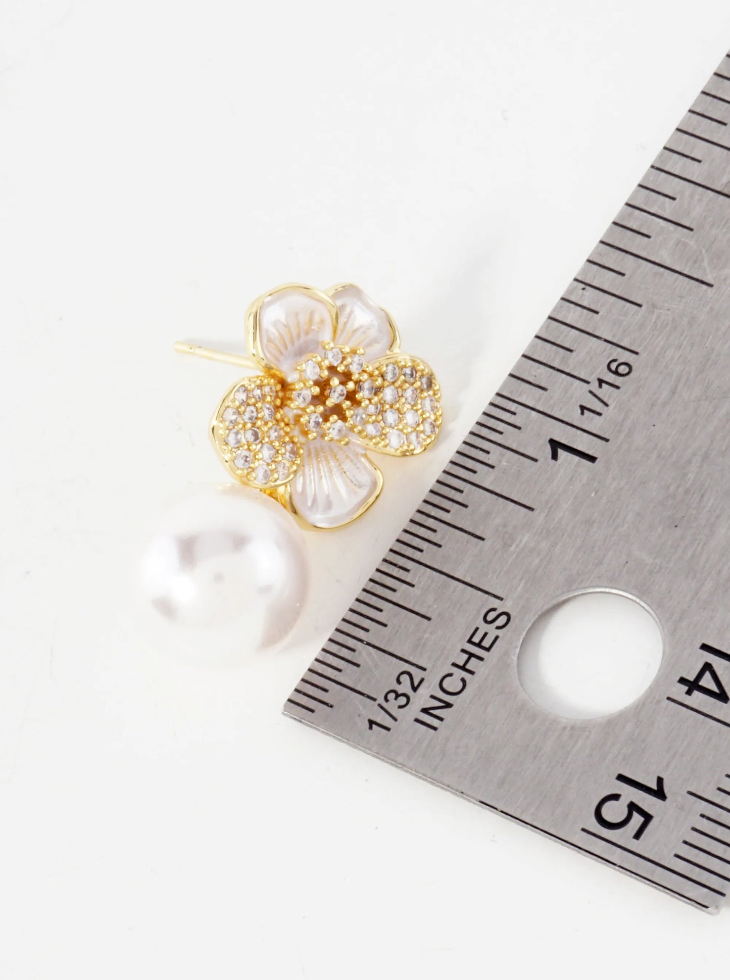 12mm Pearl Drop Pave-Set CZ Flower 14K-Gold-Dipped Post Earrings