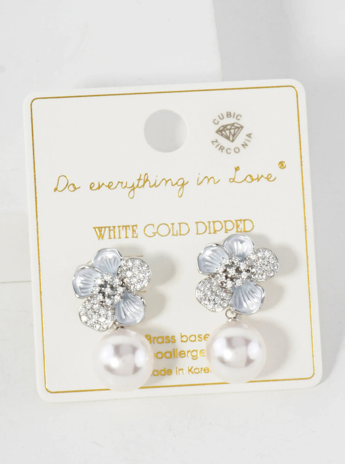 12mm Pearl Drop Pave-Set CZ Flower 14K-Gold-Dipped Post Earrings