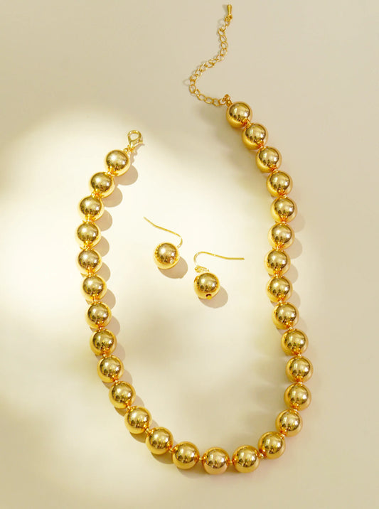 12mm Polished Metallic Ball Chain Necklace With Earrings Set