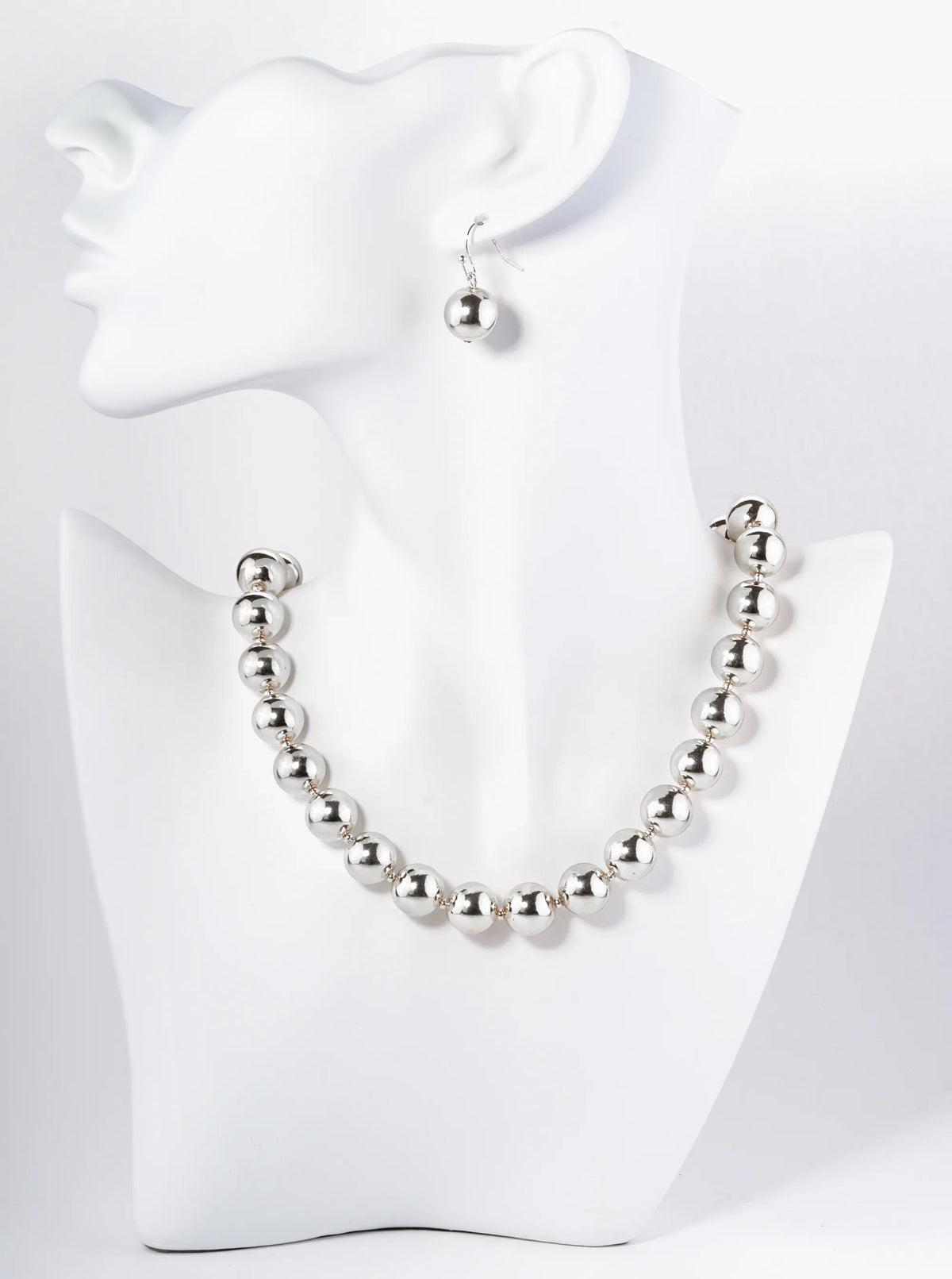 12mm Polished Metallic Ball Chain Necklace With Earrings Set