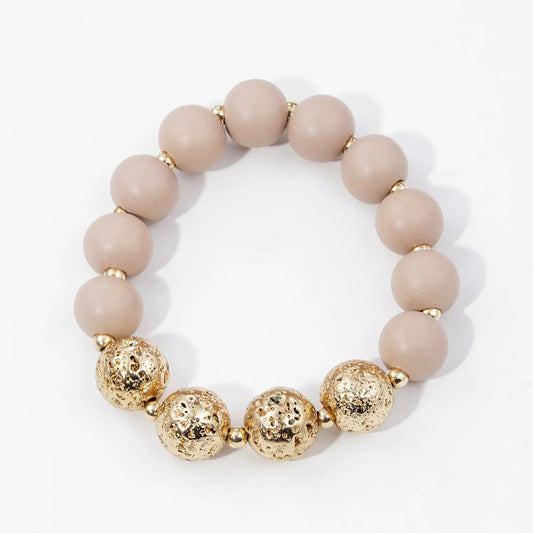 12mm Wood And Metallic Lava Bead Accent Stretch Bracelet