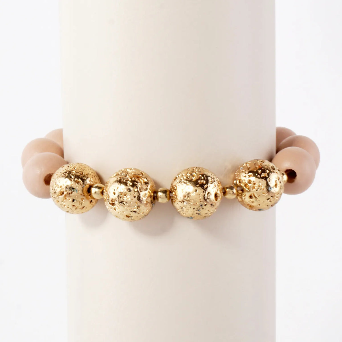 12mm Wood And Metallic Lava Bead Accent Stretch Bracelet