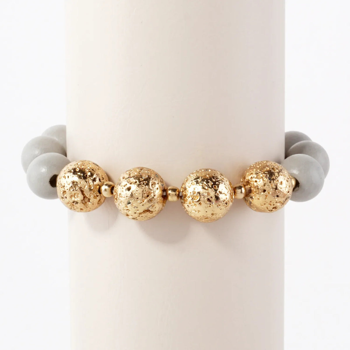 12mm Wood And Metallic Lava Bead Accent Stretch Bracelet