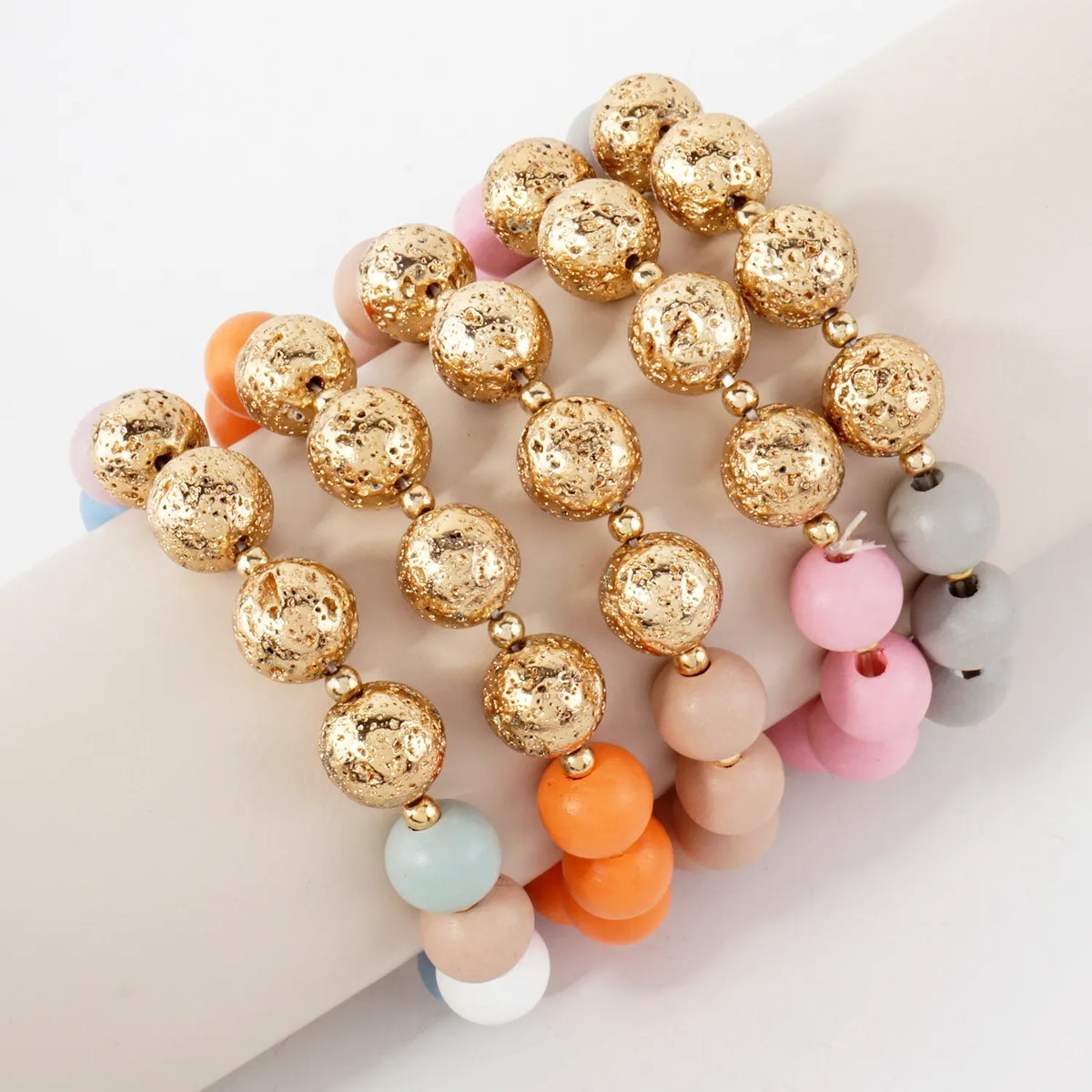 12mm Wood And Metallic Lava Bead Accent Stretch Bracelet
