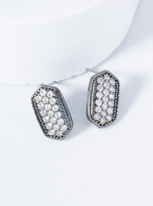 13mm Pave Set CZ Elongated Hexagon Stud Earrings