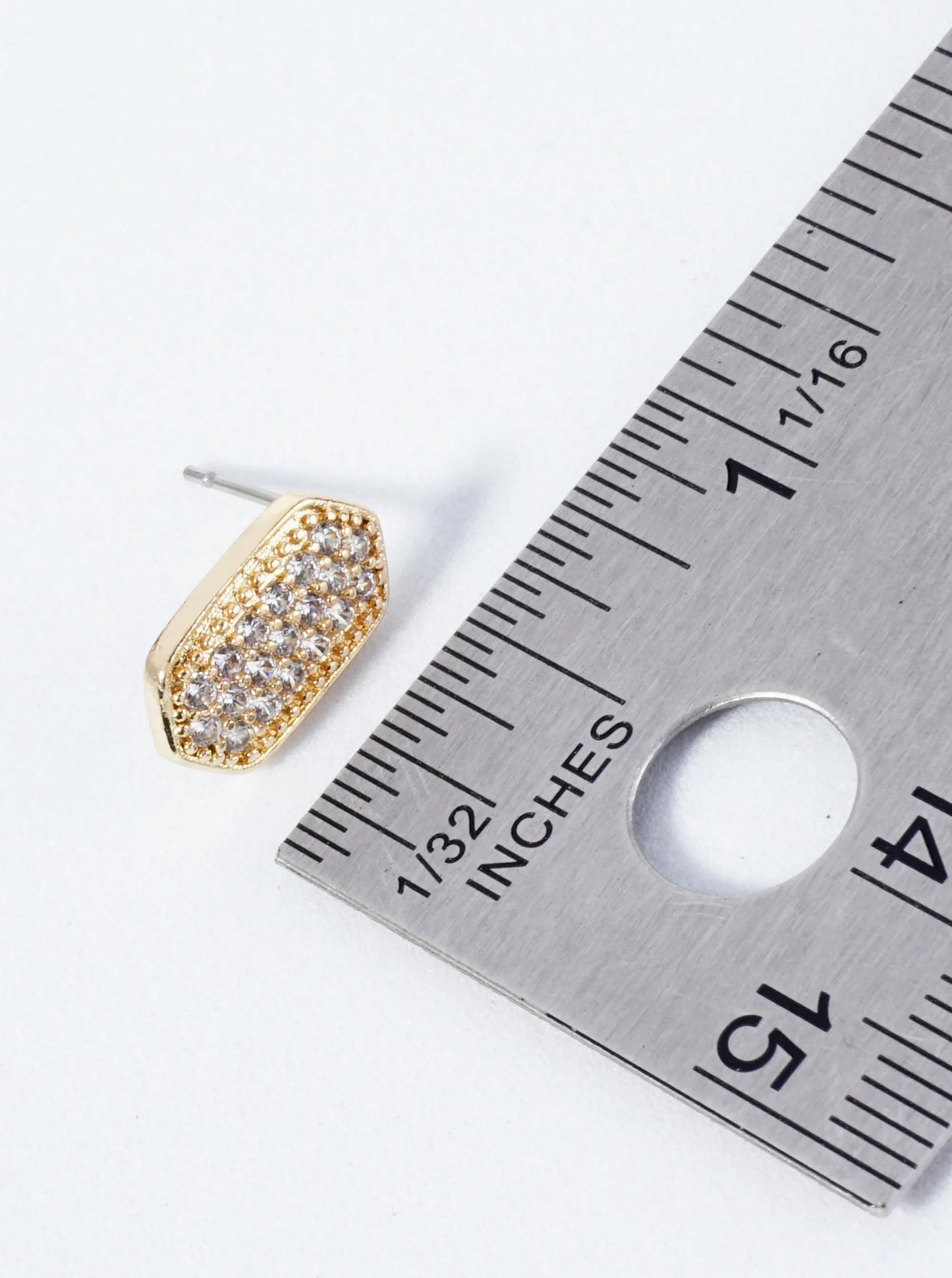 13mm Pave Set CZ Elongated Hexagon Stud Earrings