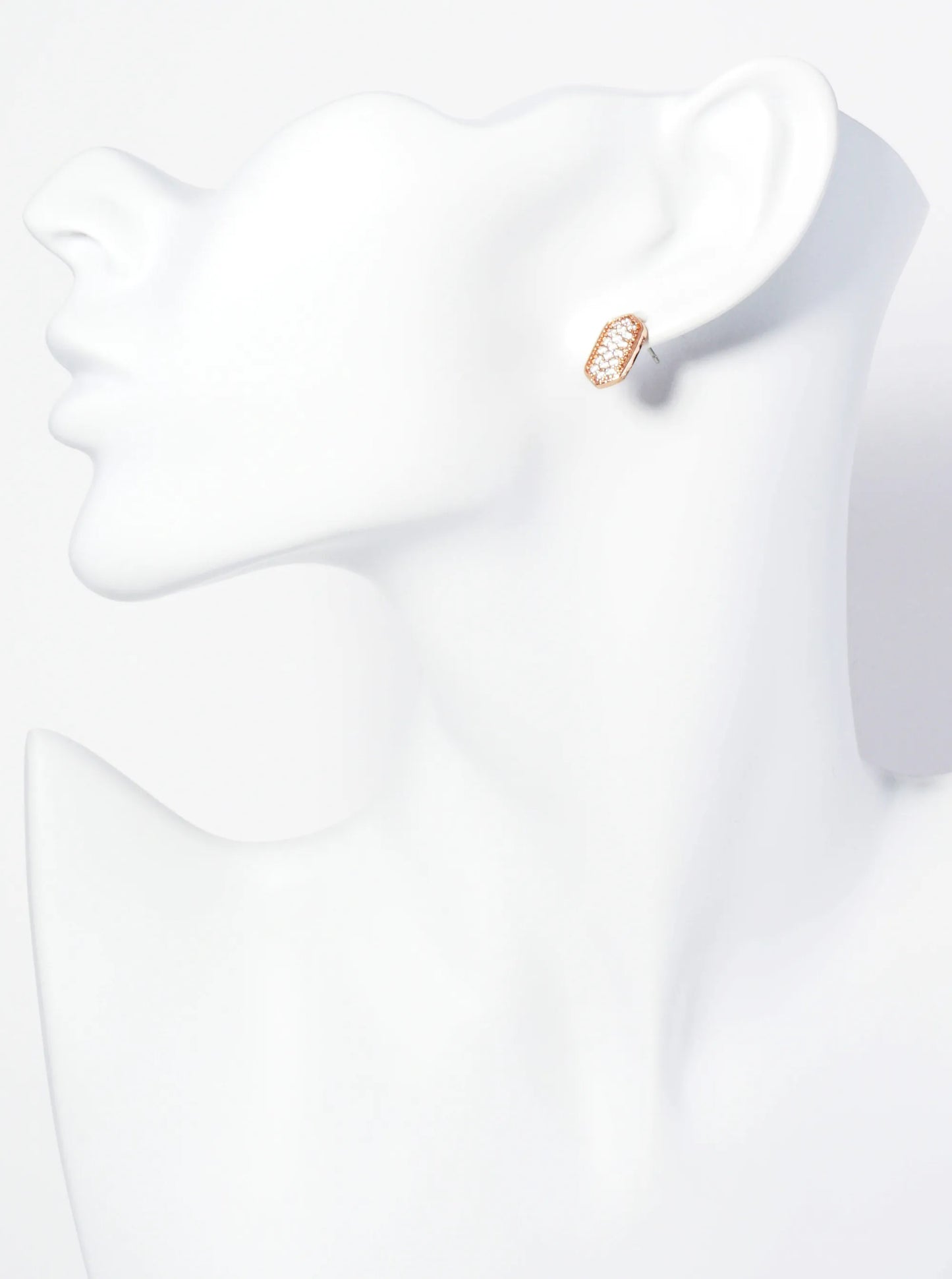 13mm Pave Set CZ Elongated Hexagon Stud Earrings