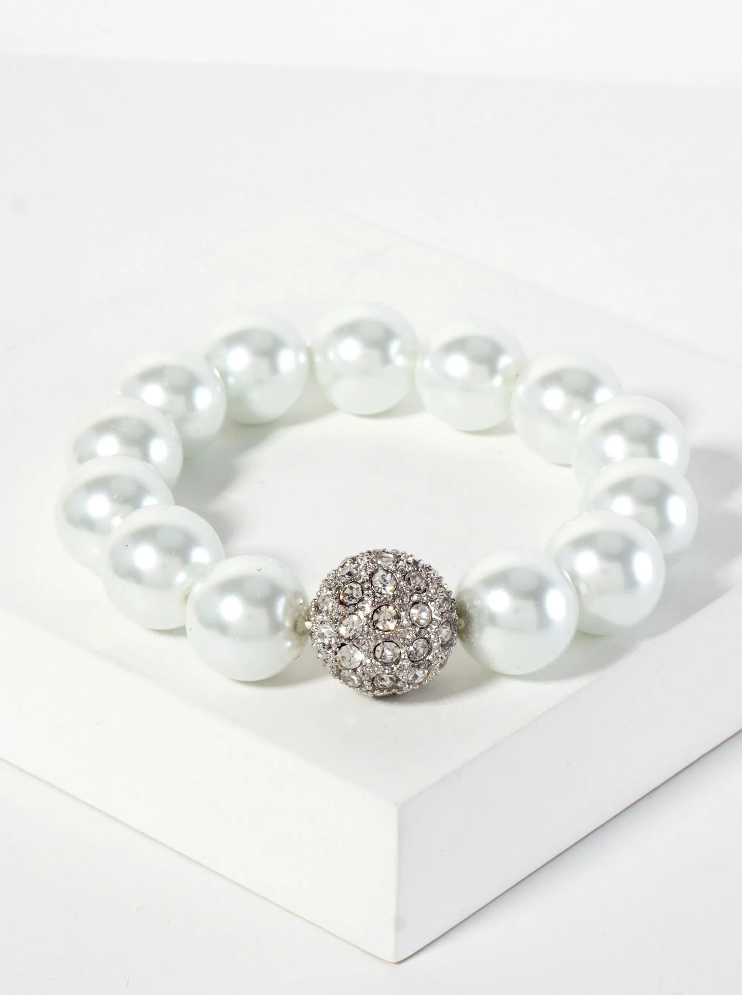 13mm Pearl-Beaded Stretch Bracelet With 16mm Crystal-Pave Ball Accent