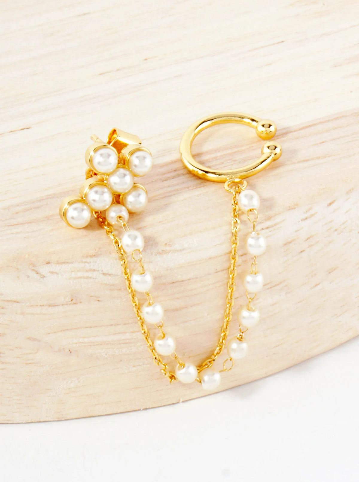 13mm Pearl Cross Stud And Ear Cuff Drape Chain 18K-Gold-Dipped Earring Set