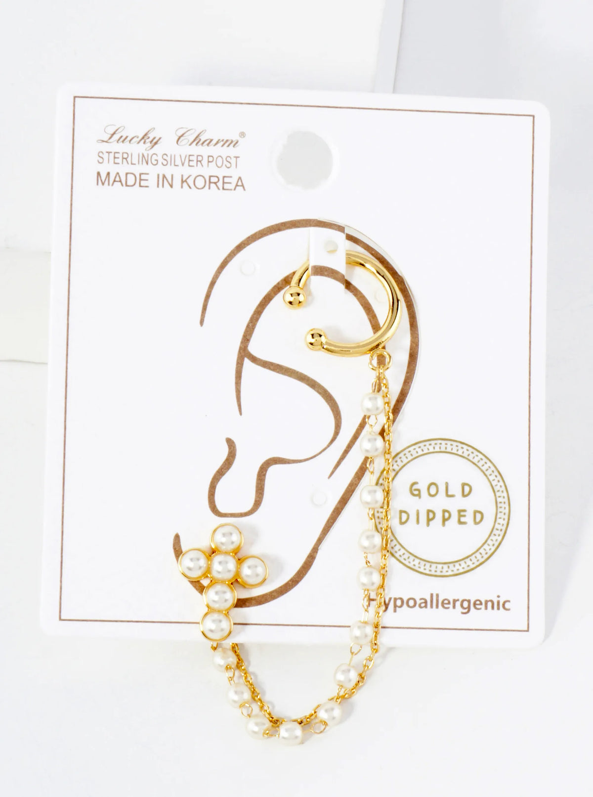 13mm Pearl Cross Stud And Ear Cuff Drape Chain 18K-Gold-Dipped Earring Set