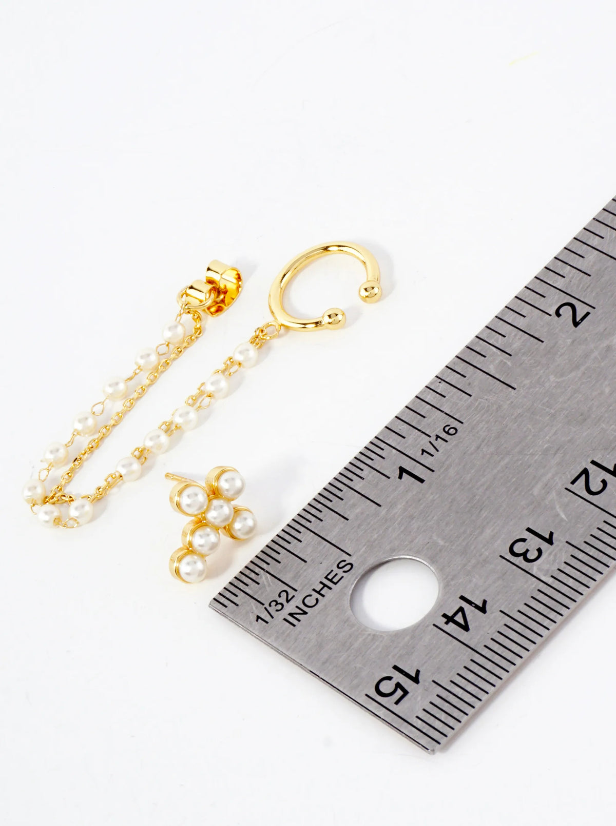 13mm Pearl Cross Stud And Ear Cuff Drape Chain 18K-Gold-Dipped Earring Set