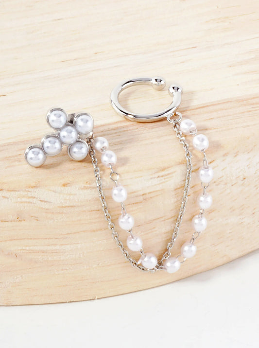 13mm Pearl Cross Stud And Ear Cuff Drape Chain 18K-Gold-Dipped Earring Set