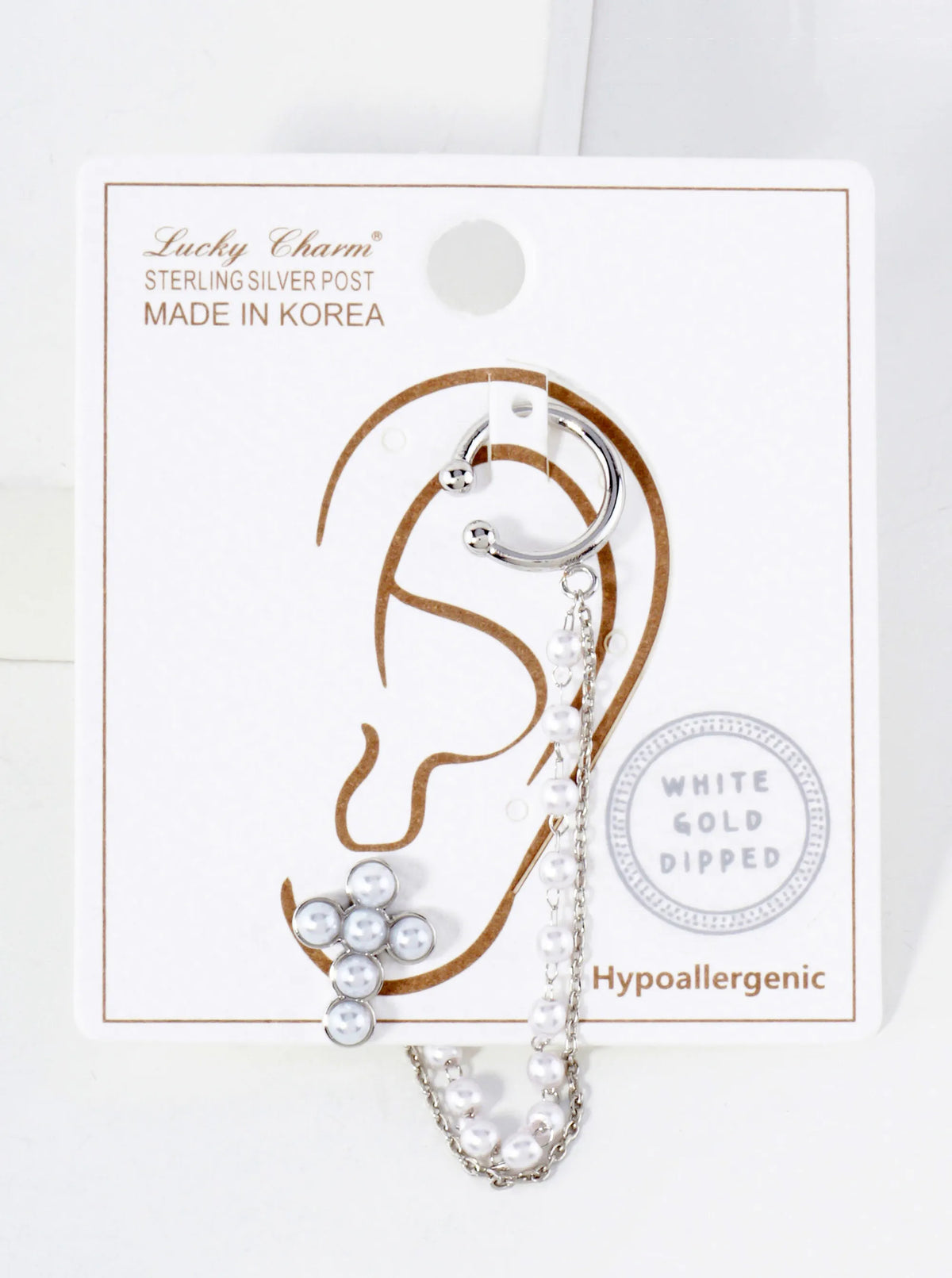 13mm Pearl Cross Stud And Ear Cuff Drape Chain 18K-Gold-Dipped Earring Set