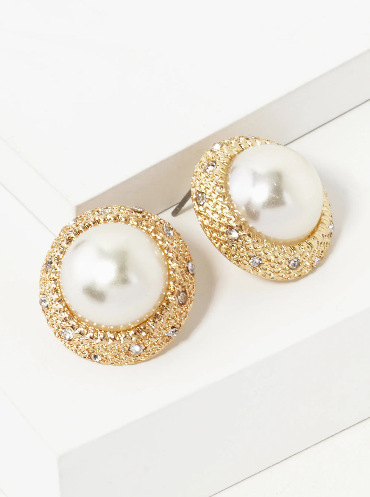 13mm Pearl Crystal Pave Round Stud Earrings