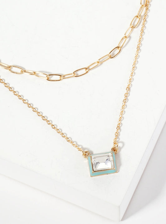 14-16-inch Enameled Rectangle Stone Pendant Layered Necklace
