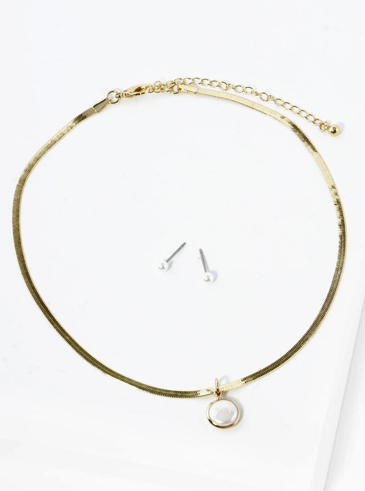 14 Inch Mother Of Pearl Pendant Herringbone Chain Choker Necklace