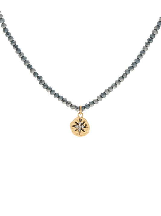 Star Burst Crystal Pave Charm Glass Bead Chain Necklace Matte gold-hematite