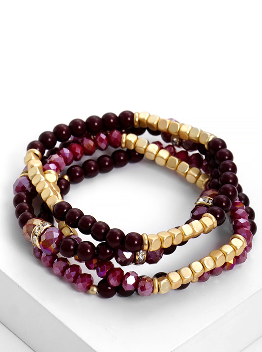 4 Pc Set Crystal Rondelle Metal Glass Mix Bead Stackable Bracelet Red