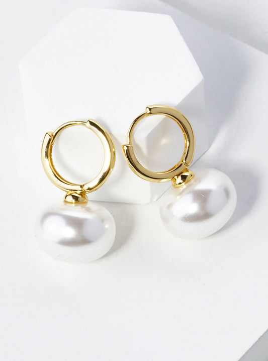 14K Gold Dipped 10mm Pearl Drop 13mm Huggie Hoop Earrings