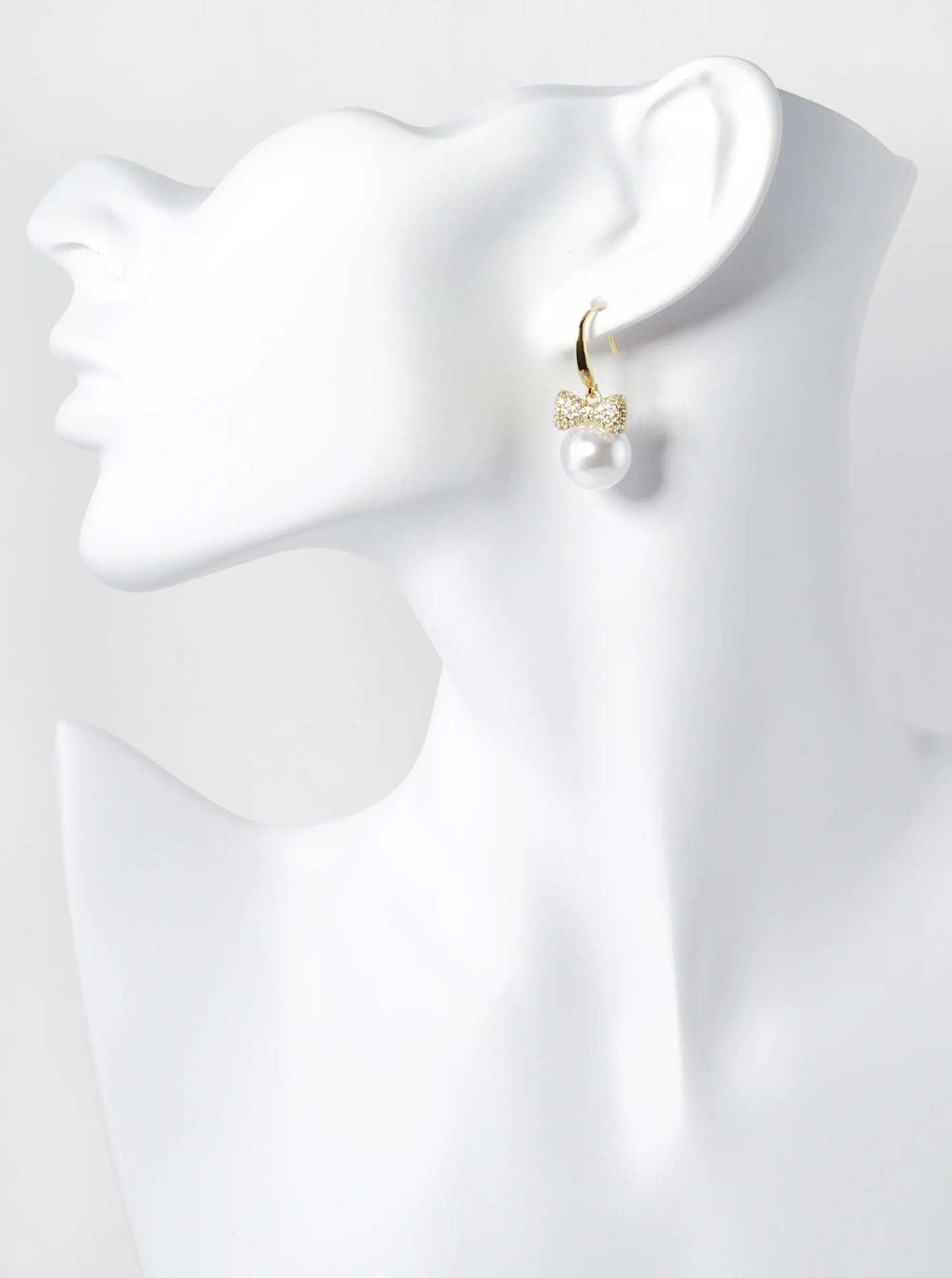 14K Gold Dipped 12mm Pearl Drop Pave Set Cubic Zirconia Ribbon Dangle Earrings
