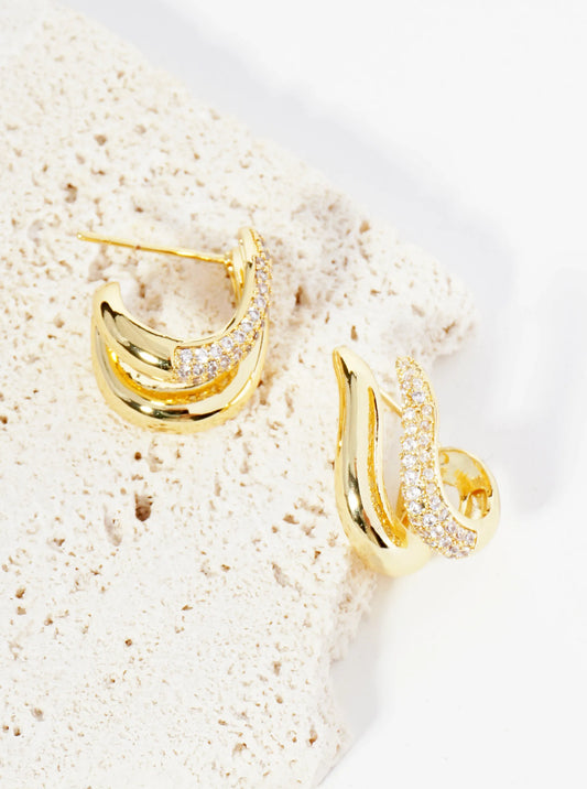 14K Gold Dipped 15mm Pave Set CZ Wavy Double Line Hoop Earrings