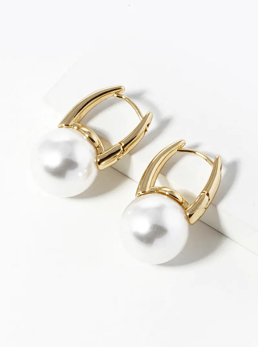 14K Gold Dipped 15mm Pearl Bead Drop Huggie Hoop Earrings