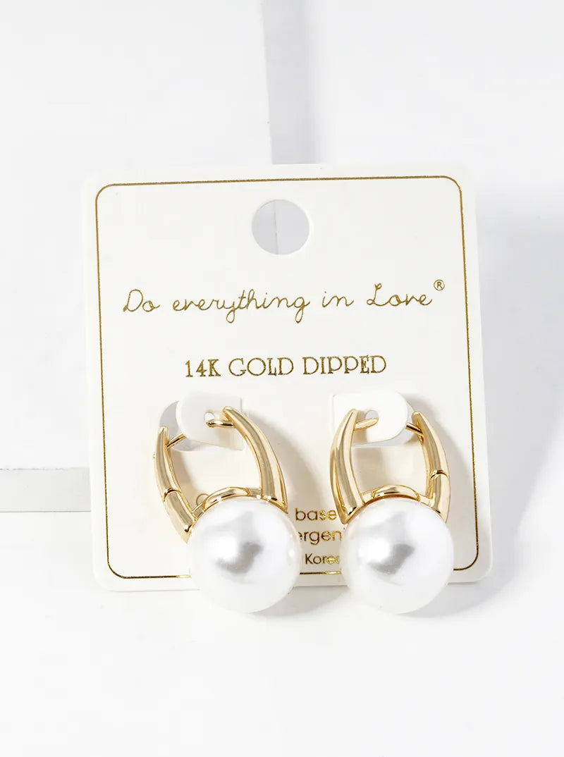 14K Gold Dipped 15mm Pearl Bead Drop Huggie Hoop Earrings
