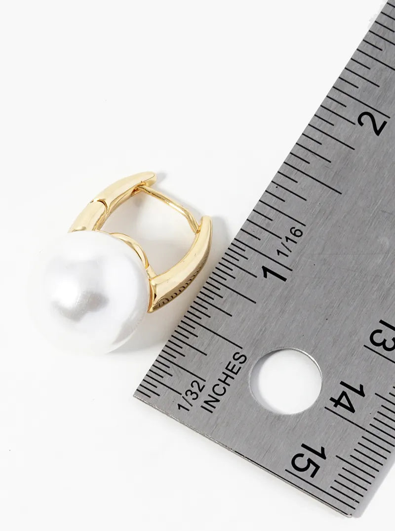 14K Gold Dipped 15mm Pearl Bead Drop Huggie Hoop Earrings