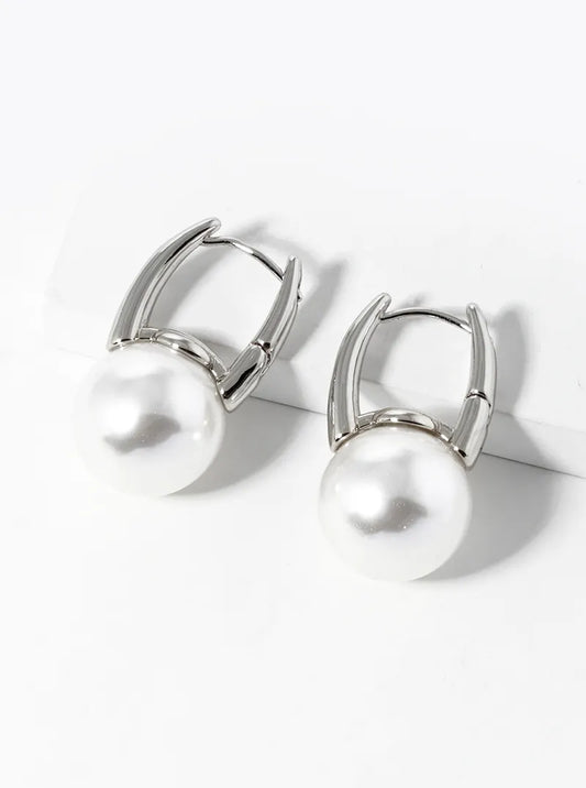 14K Gold Dipped 15mm Pearl Bead Drop Huggie Hoop Earrings