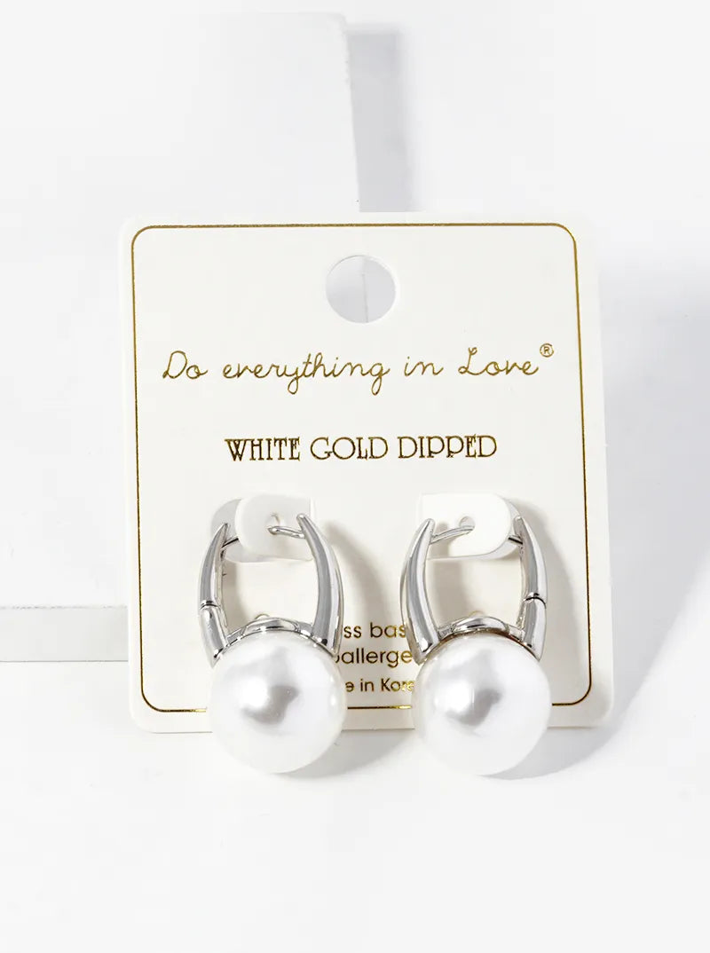 14K Gold Dipped 15mm Pearl Bead Drop Huggie Hoop Earrings