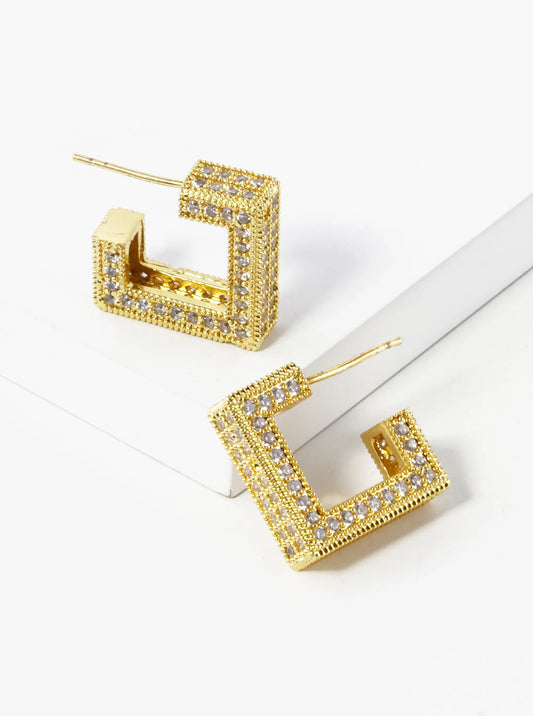 14K Gold Dipped 16mm Cubic Zirconia Pave Square Shape Open Hoop Earrings