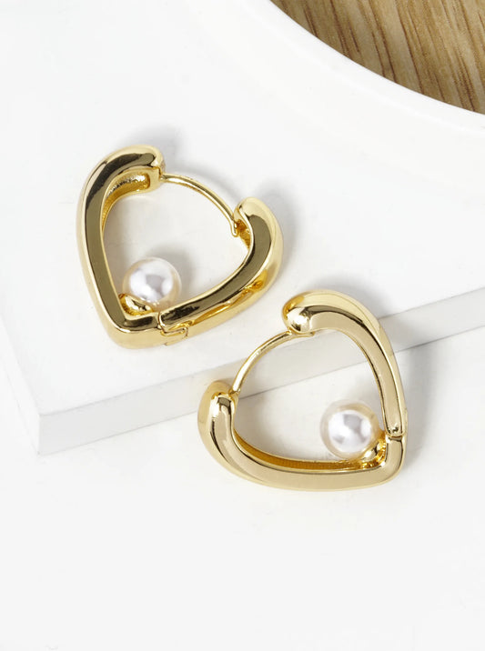 14K Gold Dipped 20mm Pearl In Heart Huggie Hoop Earrings