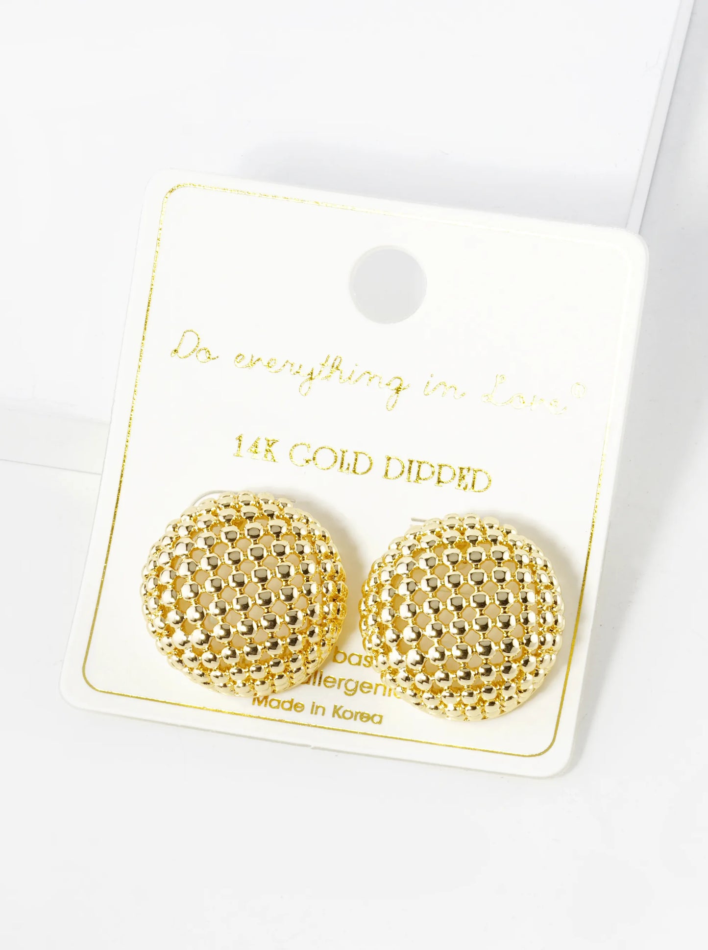 14K Gold Dipped 3D Ball Textured Mesh Button Stud Earrings
