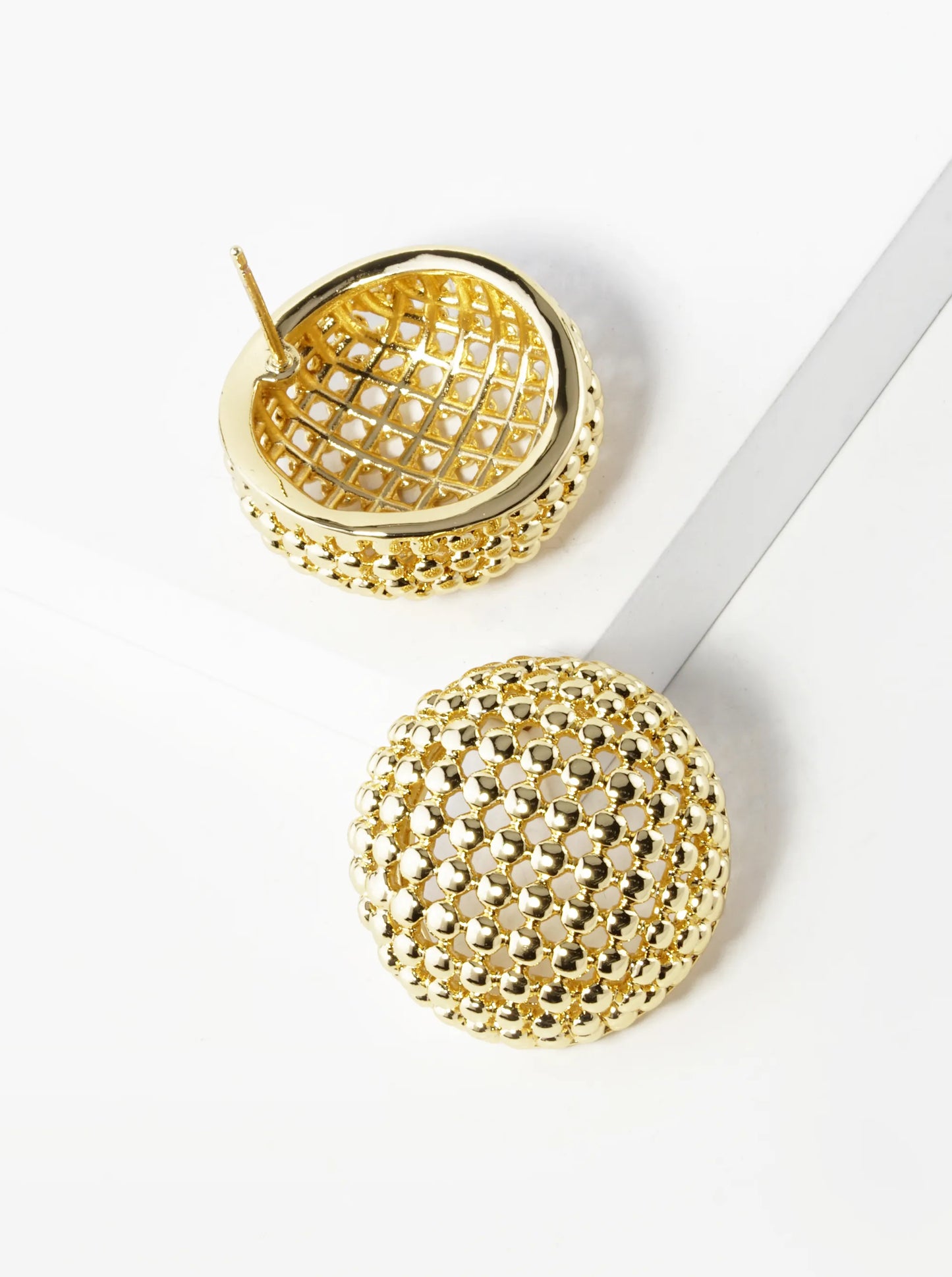14K Gold Dipped 3D Ball Textured Mesh Button Stud Earrings