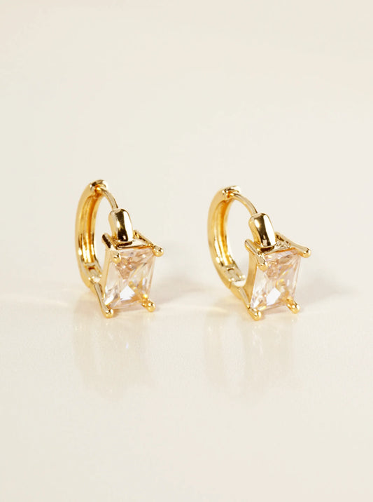 14K Gold Dipped 4-Prong Rectangle Cubic Zirconia Stone 11mm Huggie Earrings