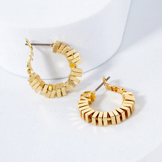 14K-Gold-Dipped 4mm Brass Square Beaded 20mm Omega-Back Hoop Earrings